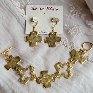 Susan Shaw Jewelry Set Gold 24K Plated Hammered Cross Bracelet Earrings